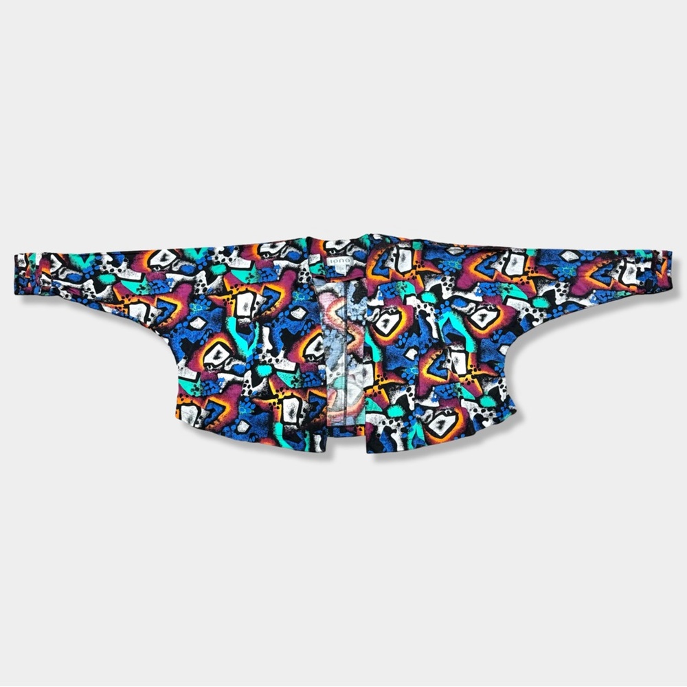 Vtg 80s Abstract Print Batwing Dolman Sleeve Crop Draped Open Jacket Top S M L